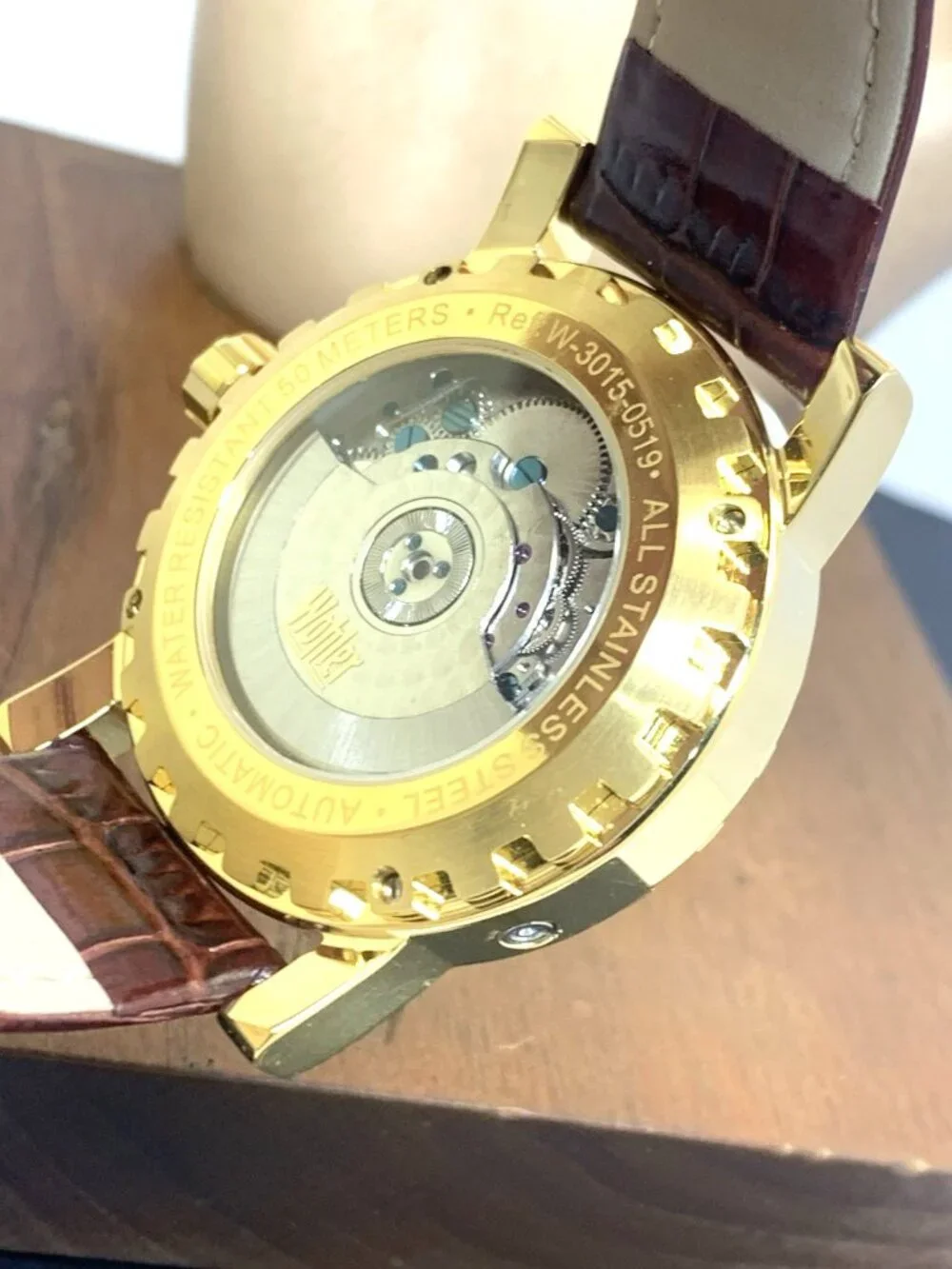 Wohler Men's Watch Automatic Gold Tone Case Brown Dial Leather Strap 42mm